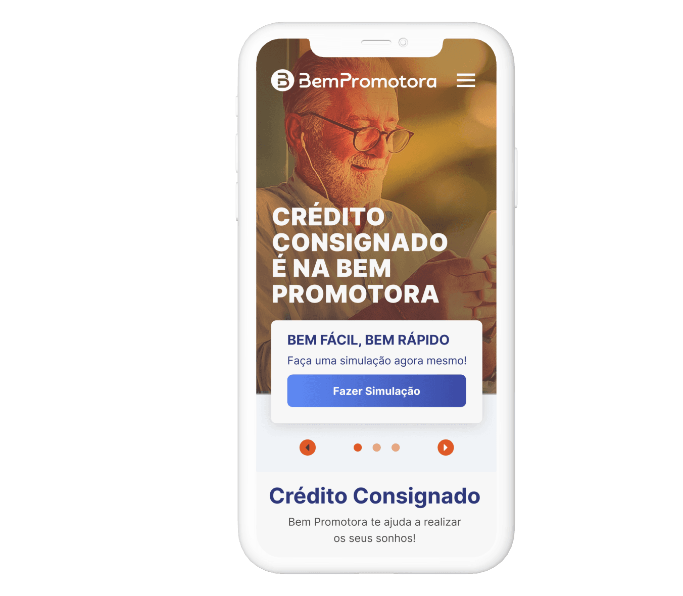 Celular com site da Bem Promotora exibido na tela a página de crédito consignado